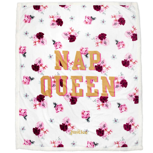 Justice "Nap Queen" Floral Sherpa Backed Throw Blanket, 50" x 60", Pink - Picture 1 of 6